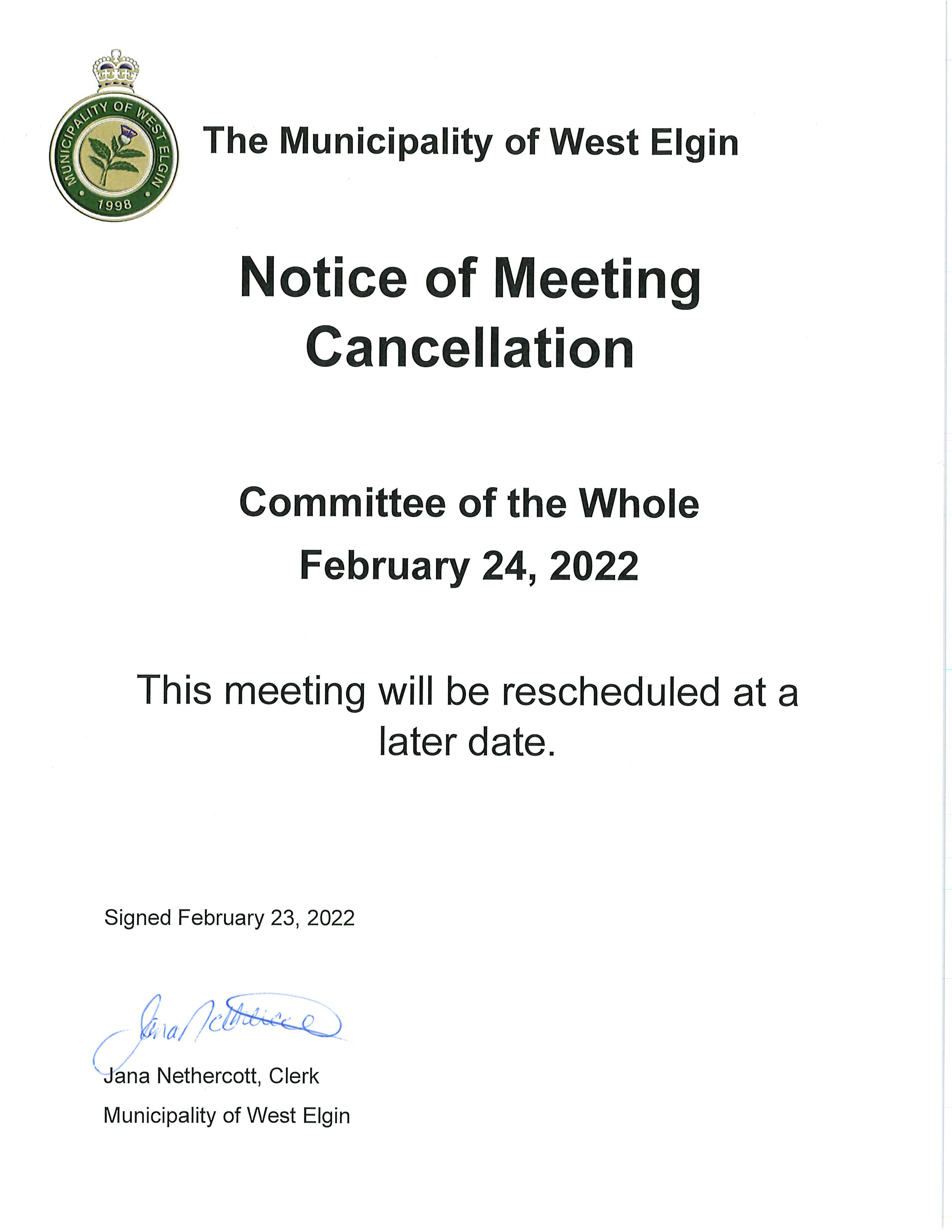 Notice of Meeting Cancellation