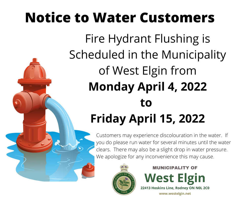 Notice of Fire Hydrant Flushing April 4 to 15 2022