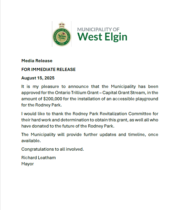 News Release - Ontario Trillium Grant, Rodney Accessible Playground