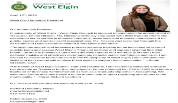 New Treasurer Appointed April 13th, 2026